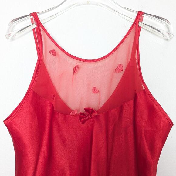 Vintage 90's Red Embroidered Heart Pattern Semi Sheer Slip Dress Nightie Bow M - Picture 9 of 10